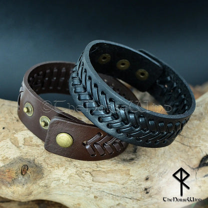 Viking Leather Bracelet – Adjustable Braided Cuff in Black or Brown