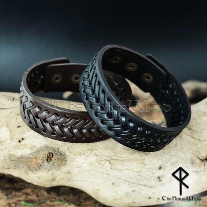 Viking Leather Bracelet – Adjustable Braided Cuff in Black or Brown