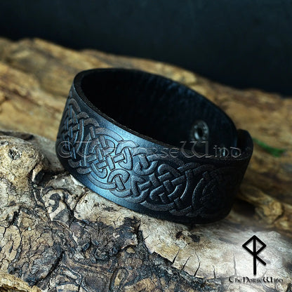 Viking Leather Bracelet with Celtic Knotwork – Adjustable Norse Cuff