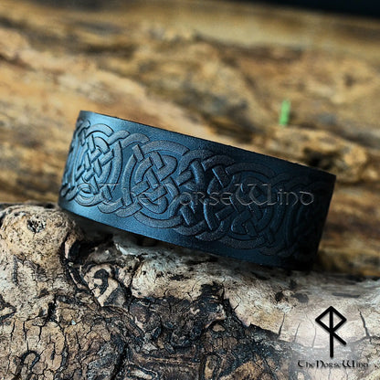 Viking Leather Bracelet with Celtic Knotwork – Adjustable Norse Cuff