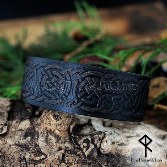 Viking Leather Bracelet with Celtic Knotwork – Adjustable Norse Cuff