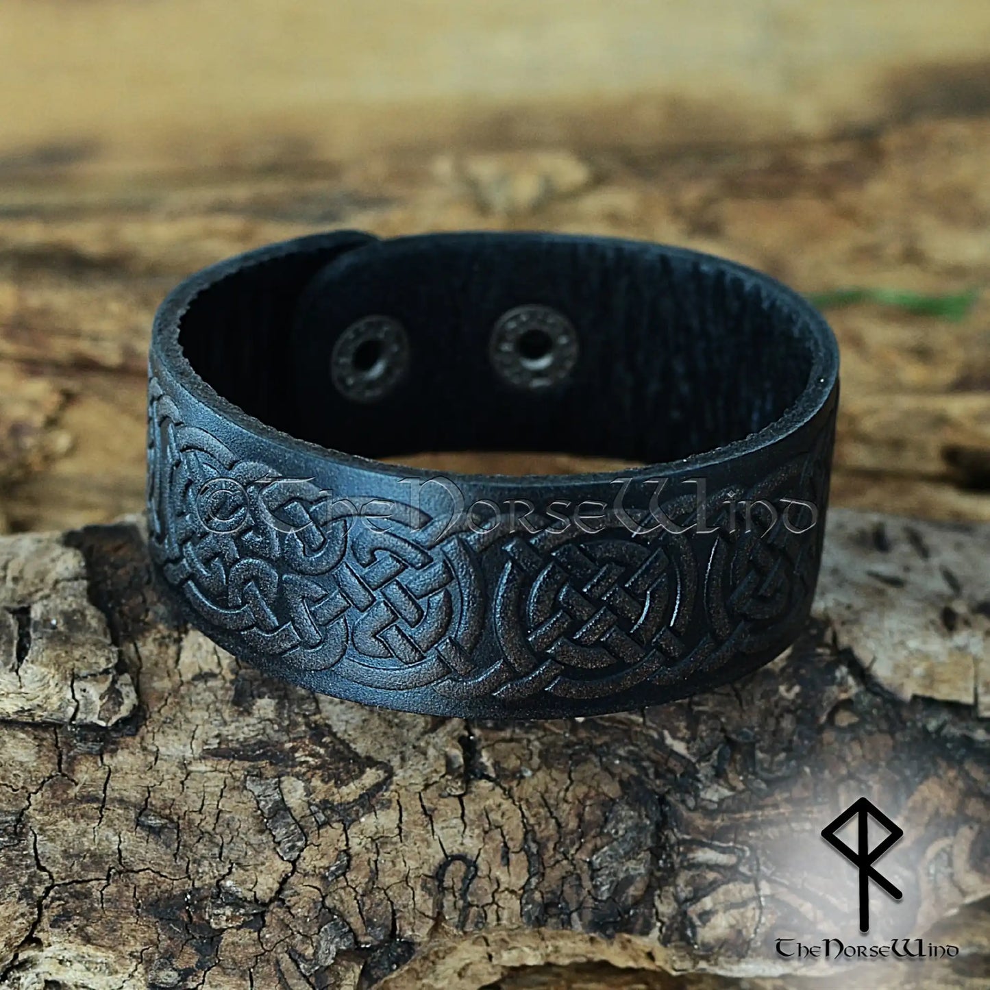 Viking Leather Bracelet with Celtic Knotwork – Adjustable Norse Cuff