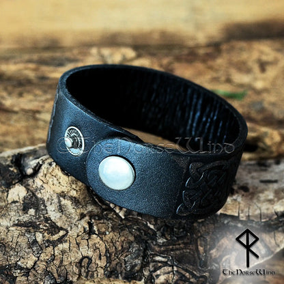 Viking Leather Bracelet with Celtic Knotwork – Adjustable Norse Cuff