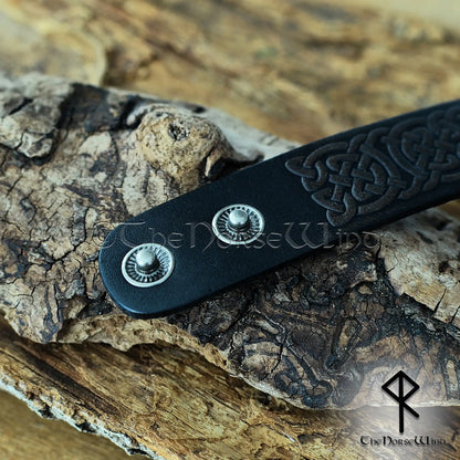 Viking Leather Bracelet with Celtic Knotwork – Adjustable Norse Cuff