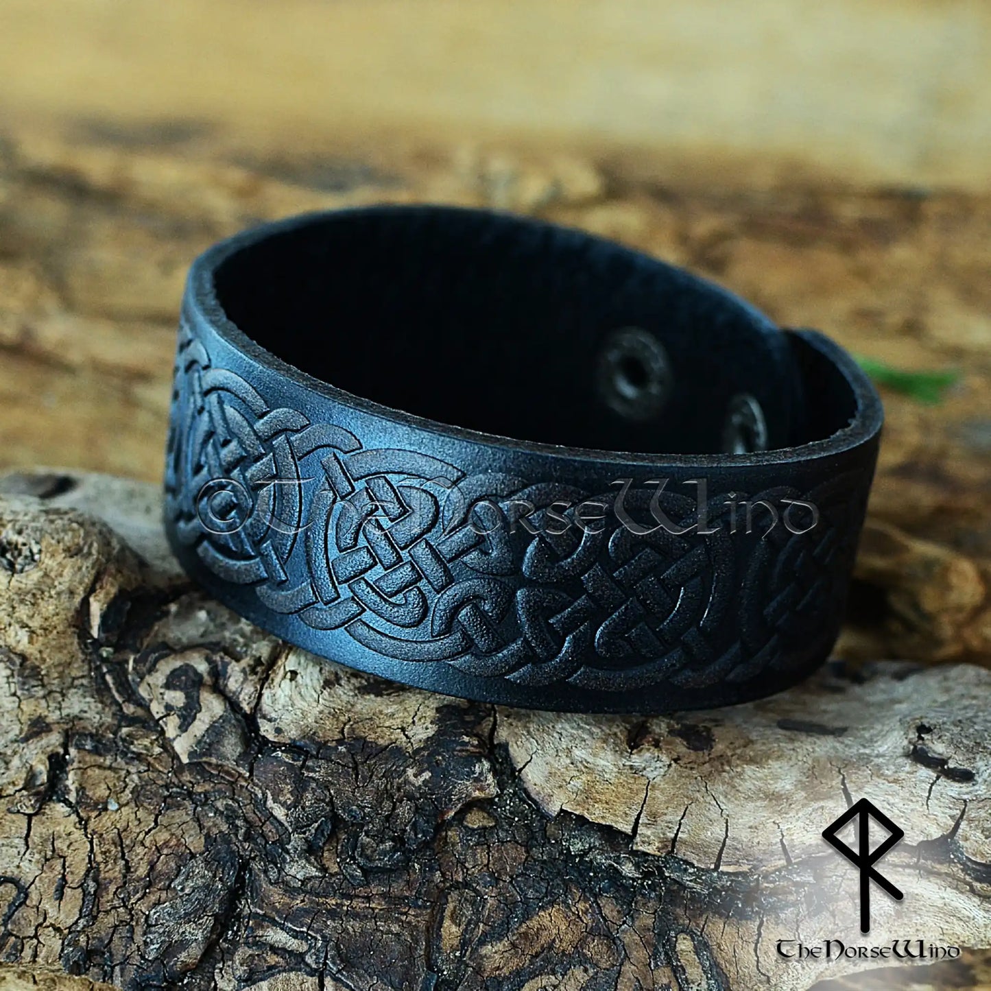 Viking Leather Bracelet with Celtic Knotwork – Adjustable Norse Cuff