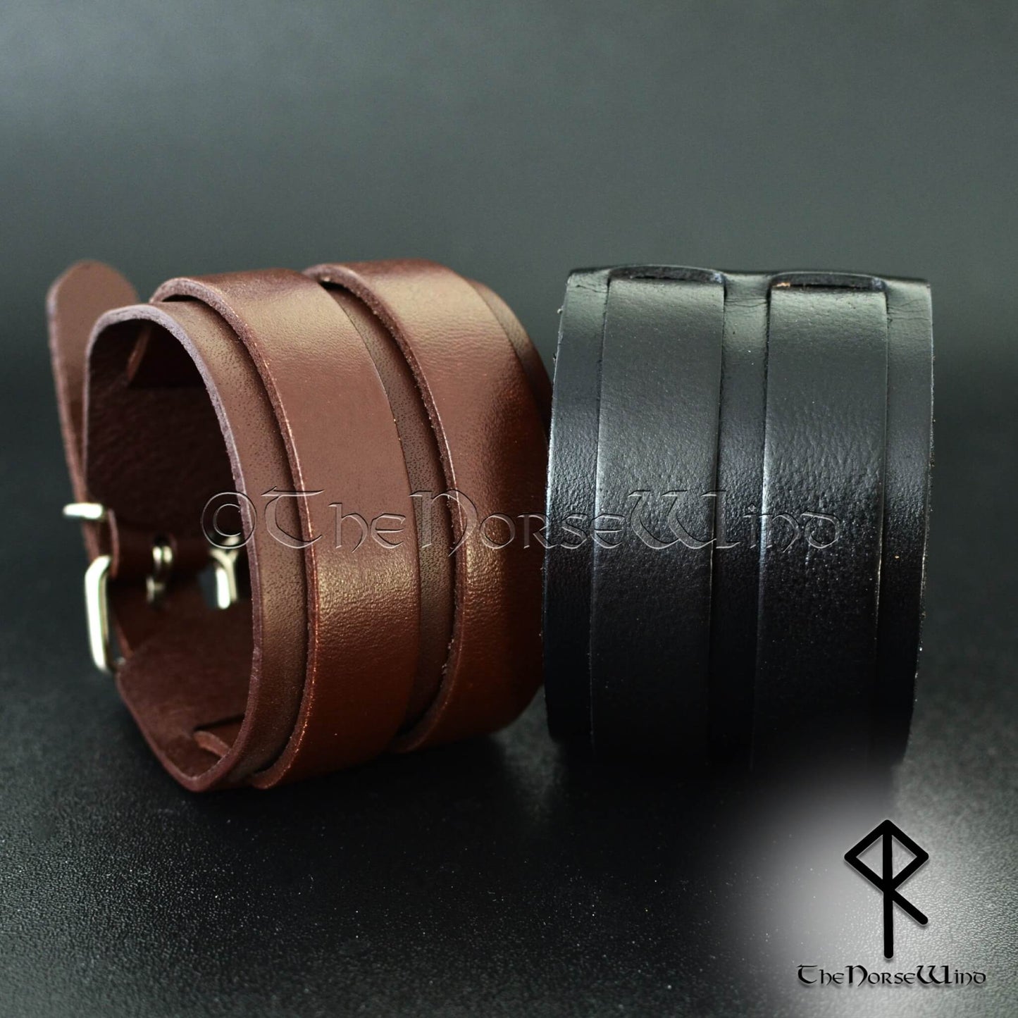 Viking Leather Cuff Bracelet Wide Wristband in Black/Brown