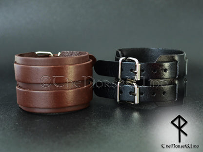Wikinger-Armband aus Leder, breites Armband in Schwarz/Braun