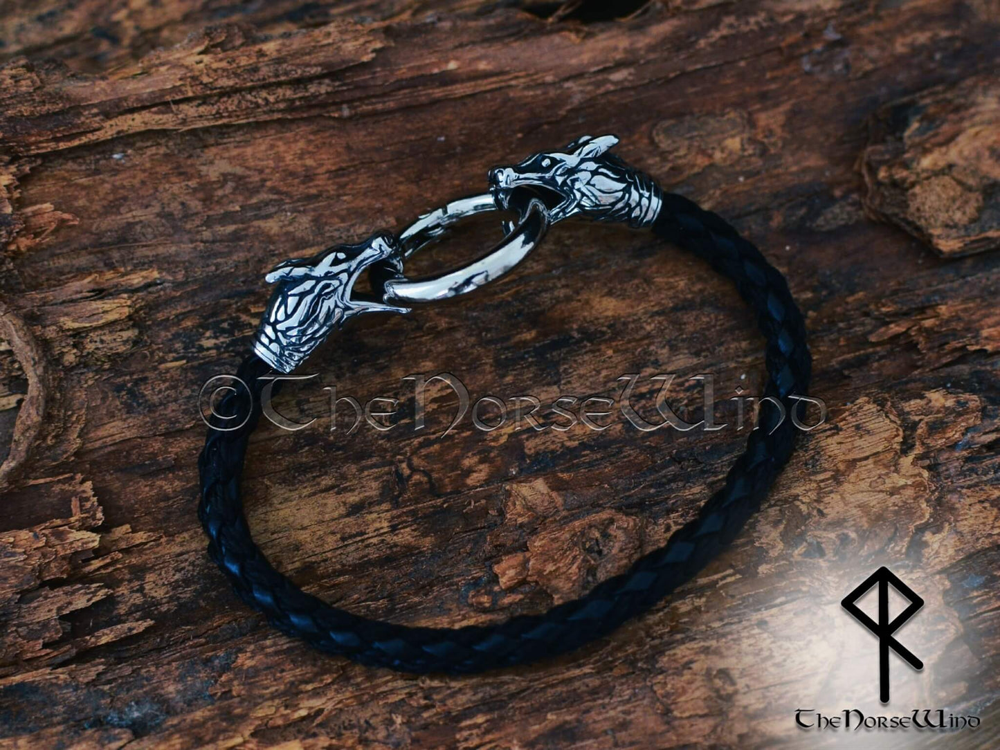 Viking Wolf Bracelet, Fenrir Wolf Heads Leather Wristband