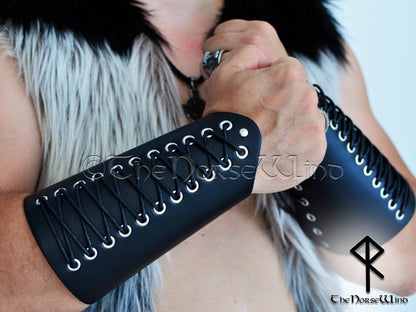 Viking Leather Bracers, Black Vambraces Medieval Armor