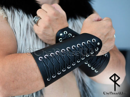Viking Leather Bracers, Black Vambraces Medieval Armor
