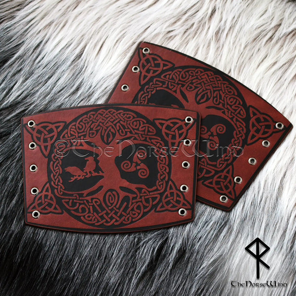 Yggdrasil Viking Leather Bracers, Mediaeval Celtic Arm Guards - The Norse Wind