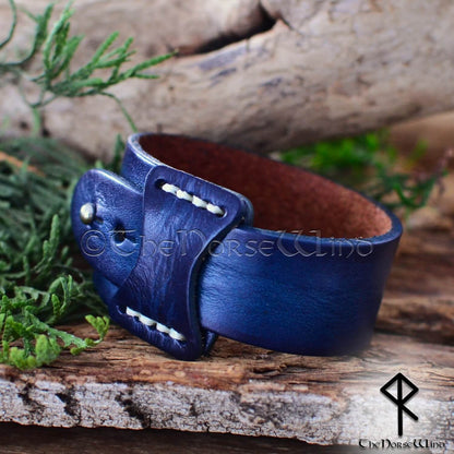 Njord's Legacy: Dark Blue Viking Leather Cuff Bracelet