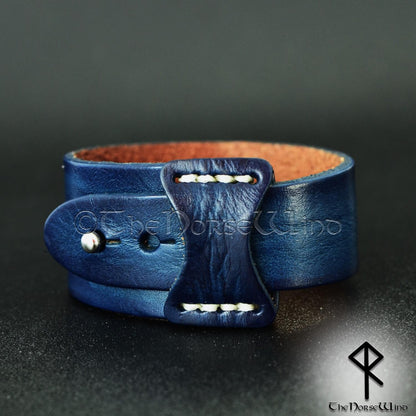 Njord's Legacy: Dark Blue Viking Leather Cuff Bracelet