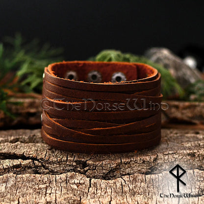 Viking Leather Wrap Bracelet, Wide Nordic Wristband