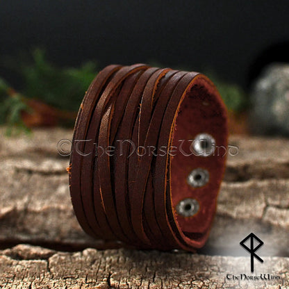 Viking Leather Wrap Bracelet, Wide Nordic Wristband