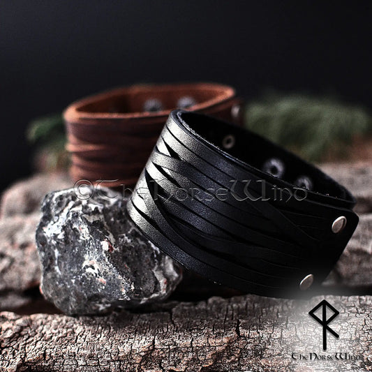 Viking Leather Wrap Bracelet, Wide Nordic Wristband