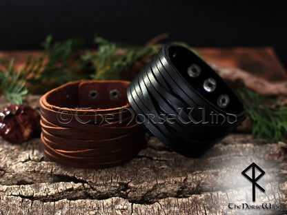 Viking Leather Wrap Bracelet, Wide Nordic Wristband