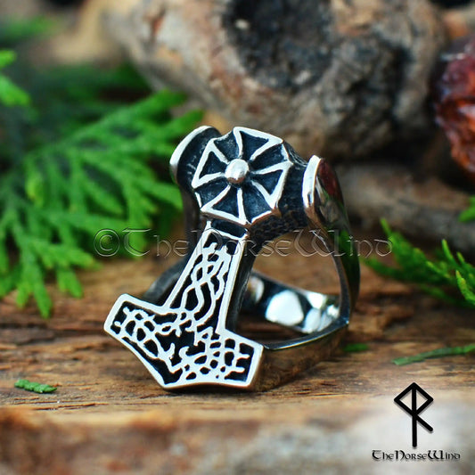Thors Hammer Wikinger Herrenring - Mjolnir mit keltischem Kreuz