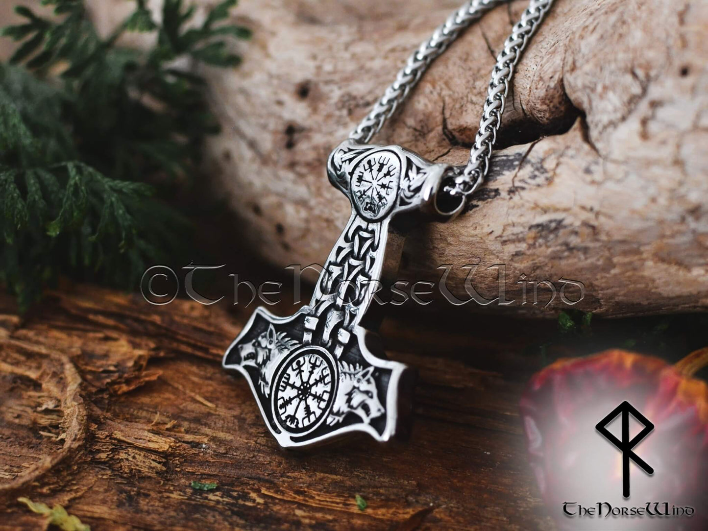 Thor's Hammer Necklace Geri & Freki Viking Wolf Mjolnir Pendant