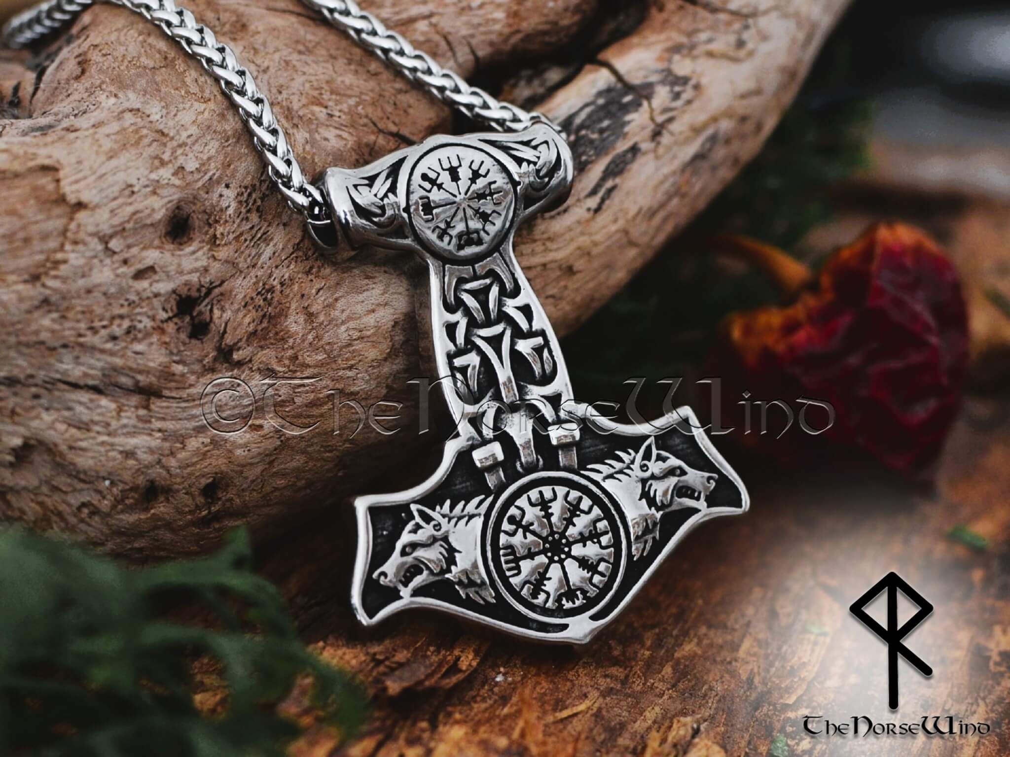 Thor's Hammer with Wolves and Raven Bronze Pendant | Viking Jewelry - Norse  Wolves