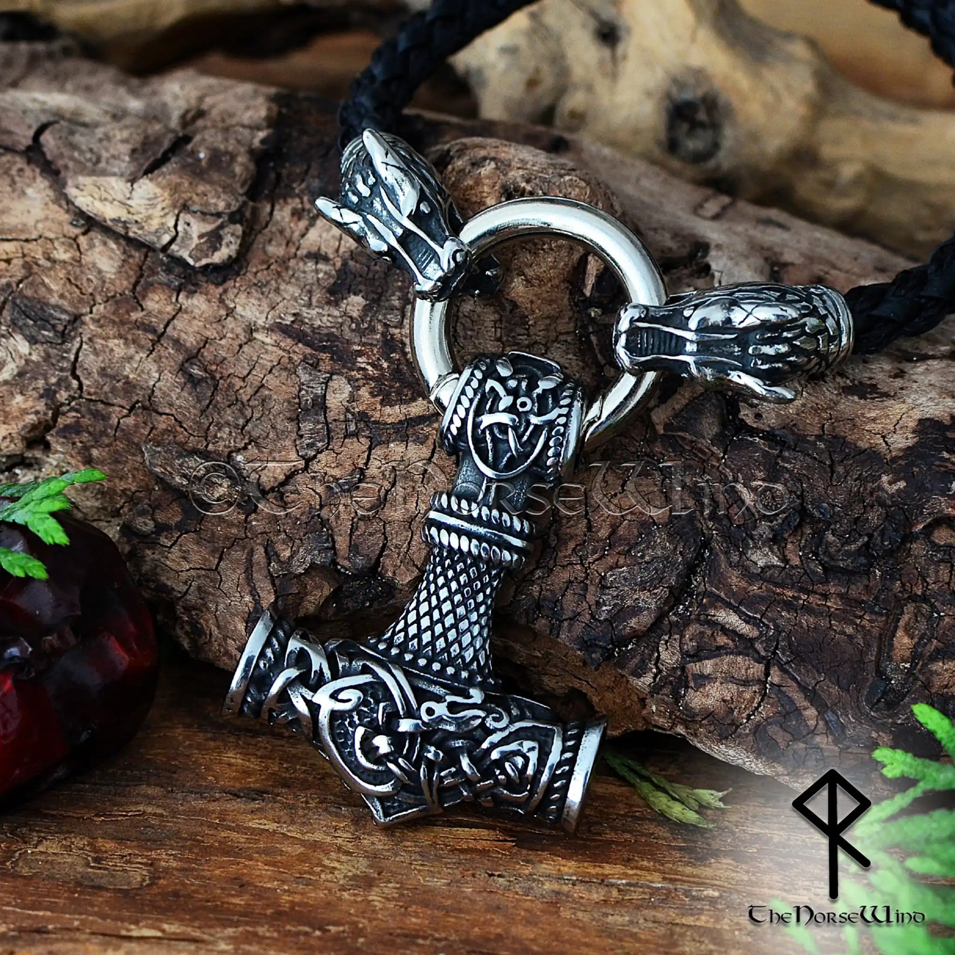 Thor's Hammer Viking Mjolnir Necklace with Fenrir Wolf Heads & Nidhogg Dragon