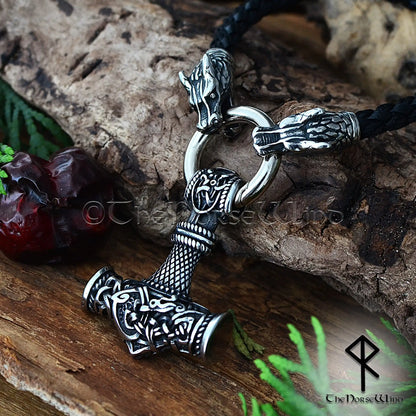 Thor's Hammer Viking Mjolnir Necklace with Fenrir Wolf Heads & Nidhogg Dragon