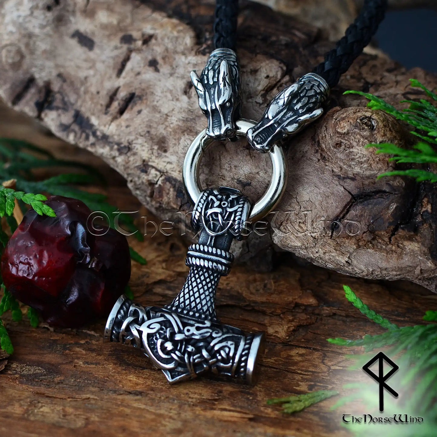 Thor's Hammer Viking Mjolnir Necklace with Fenrir Wolf Heads & Nidhogg Dragon