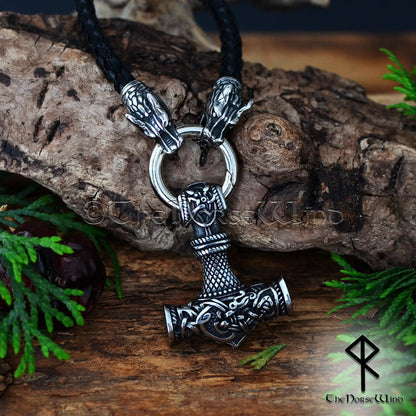 Thor's Hammer Viking Mjolnir Necklace with Fenrir Wolf Heads & Nidhogg Dragon