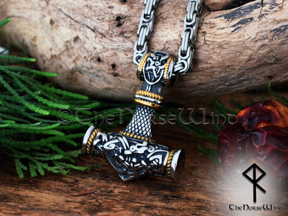 Thor Hammer Halskette, Wikinger Mjolnir Anhänger mit keltischen Knoten Drachen in Silber oder Gold