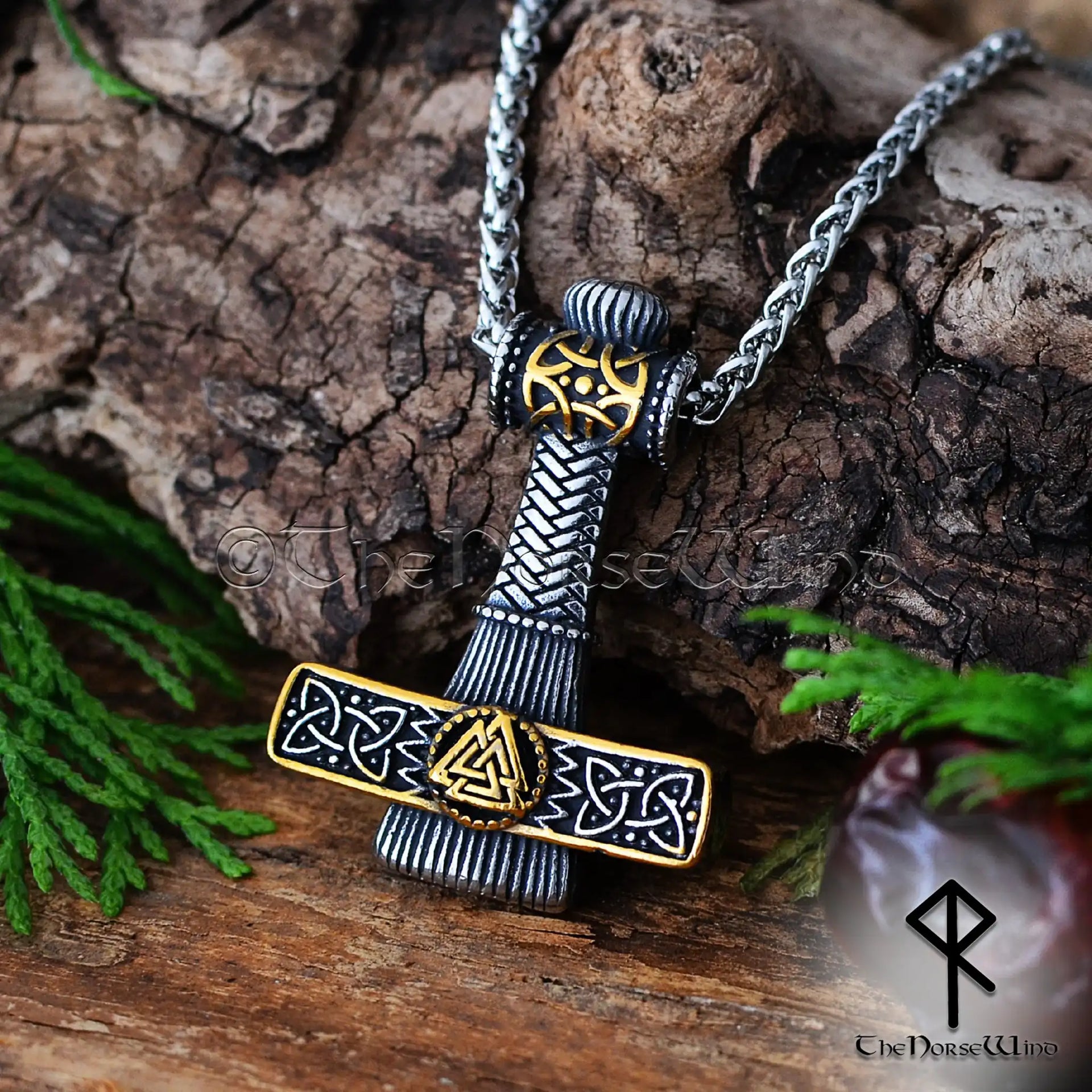 Viking Mjolnir Necklace Thor's Hammer Valknut Pendant in