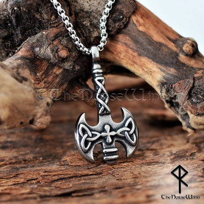 Double-headed Viking axe necklace with Celtic knotwork and Triquetra stainless steel pendant
