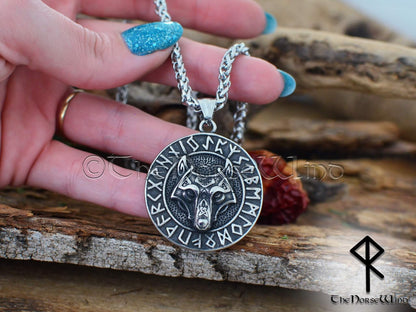 Fenrir Wolf Viking Necklace with Celtic Knots and Norse Runes - Stainless Steel Viking Jewelry