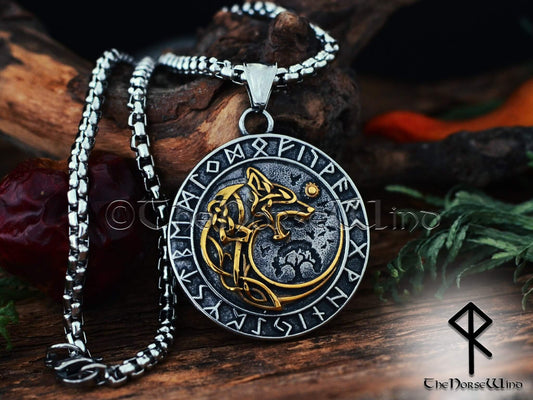 Fenrir Wolf Viking Pendant, Norse Runes Necklace Silver/Gold