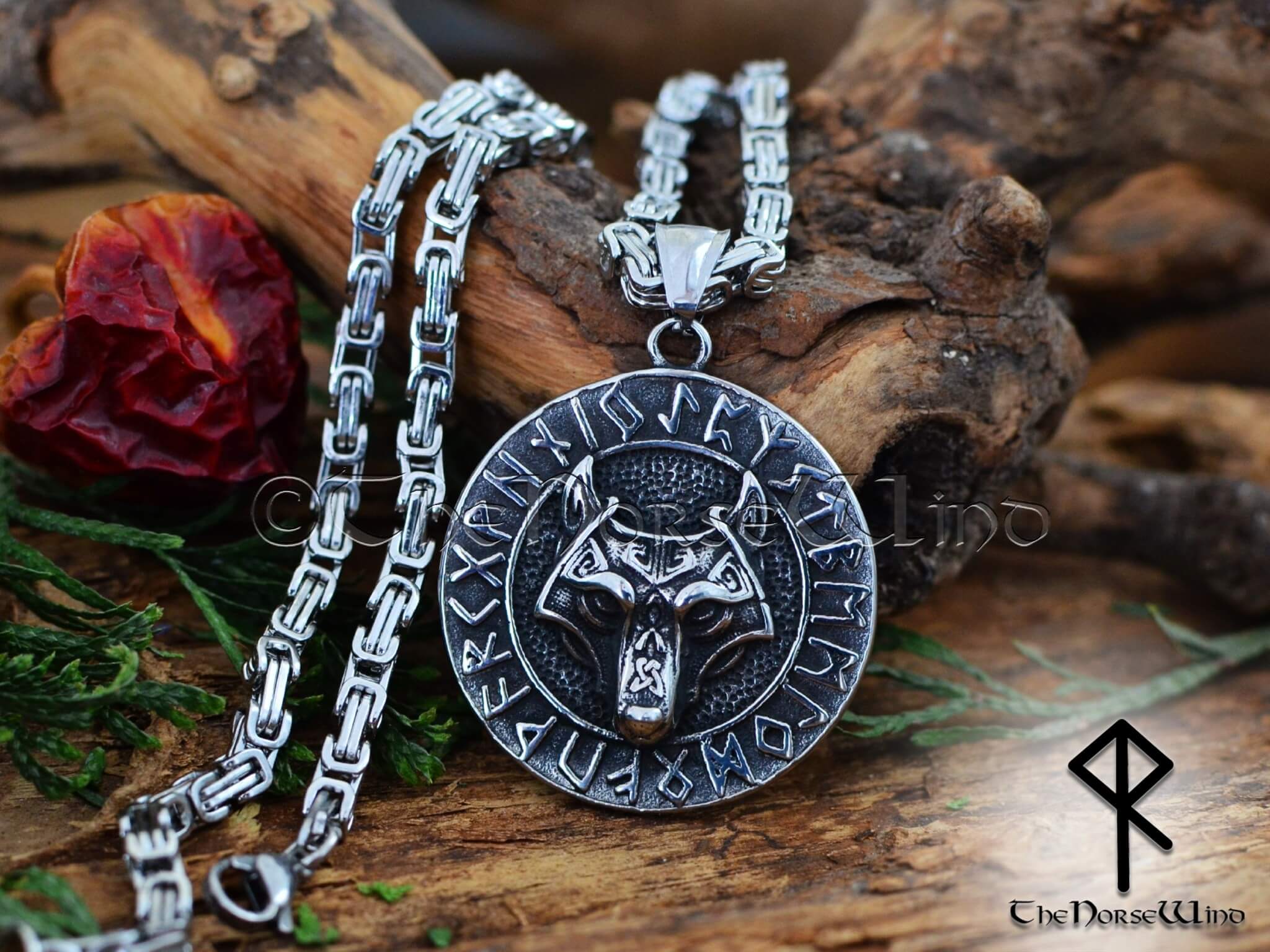Runic Pendant Fenrir Wolf Viking Necklace, Steel Norse Runes Pendant | TheNorseWind