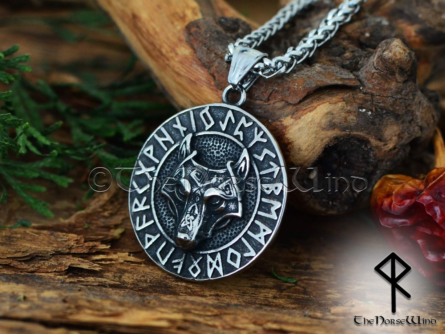 Fenrir Wolf Viking Necklace with Celtic Knots and Norse Runes - Stainless Steel Viking Jewelry