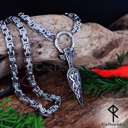 Gungnir Viking Necklace - Solid Odin's Spear Pendant with Byzantine Chain