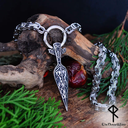 Gungnir Viking Necklace - Solid Odin's Spear Pendant with Byzantine Chain