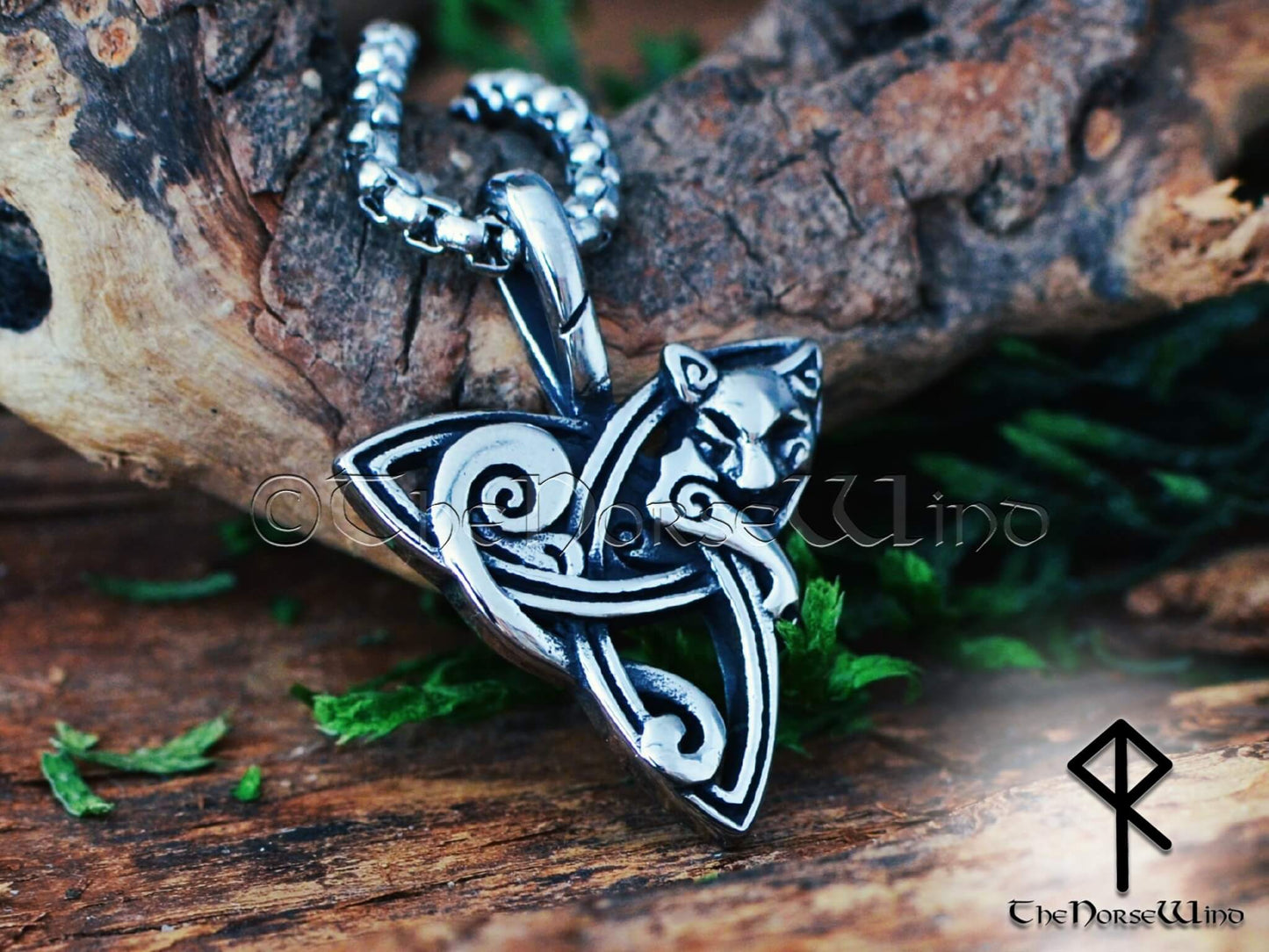 Freya's Cat Viking Necklace, Celtic Triquetra Pendant - Stainless Steel