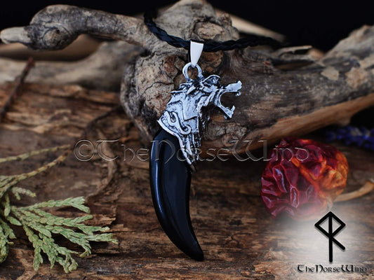 Fenrir Wolf Viking Necklace, Black Wolf Tooth Norse Pendant