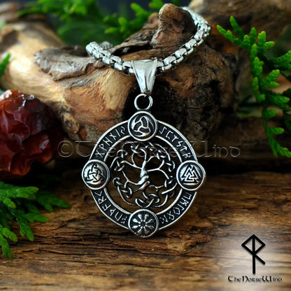 Viking Yggdrasil Necklace – Celtic Tree of Life Pendant with Engraved Futhark Runes & Norse Symbols (Odin's Horns, Helm of Awe, Valknut, Triquetra) – Hypoallergenic 316L Stainless Steel