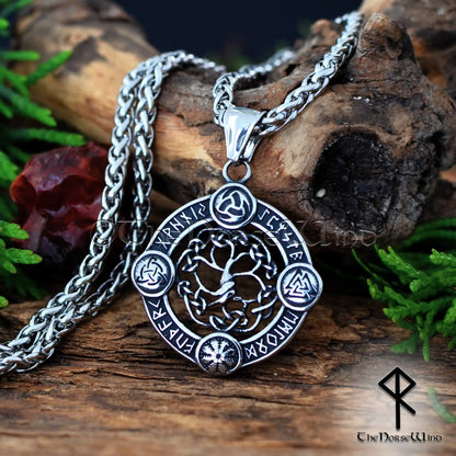 Viking Yggdrasil Necklace – Celtic Tree of Life Pendant with Engraved Futhark Runes & Norse Symbols (Odin's Horns, Helm of Awe, Valknut, Triquetra) – Hypoallergenic 316L Stainless Steel