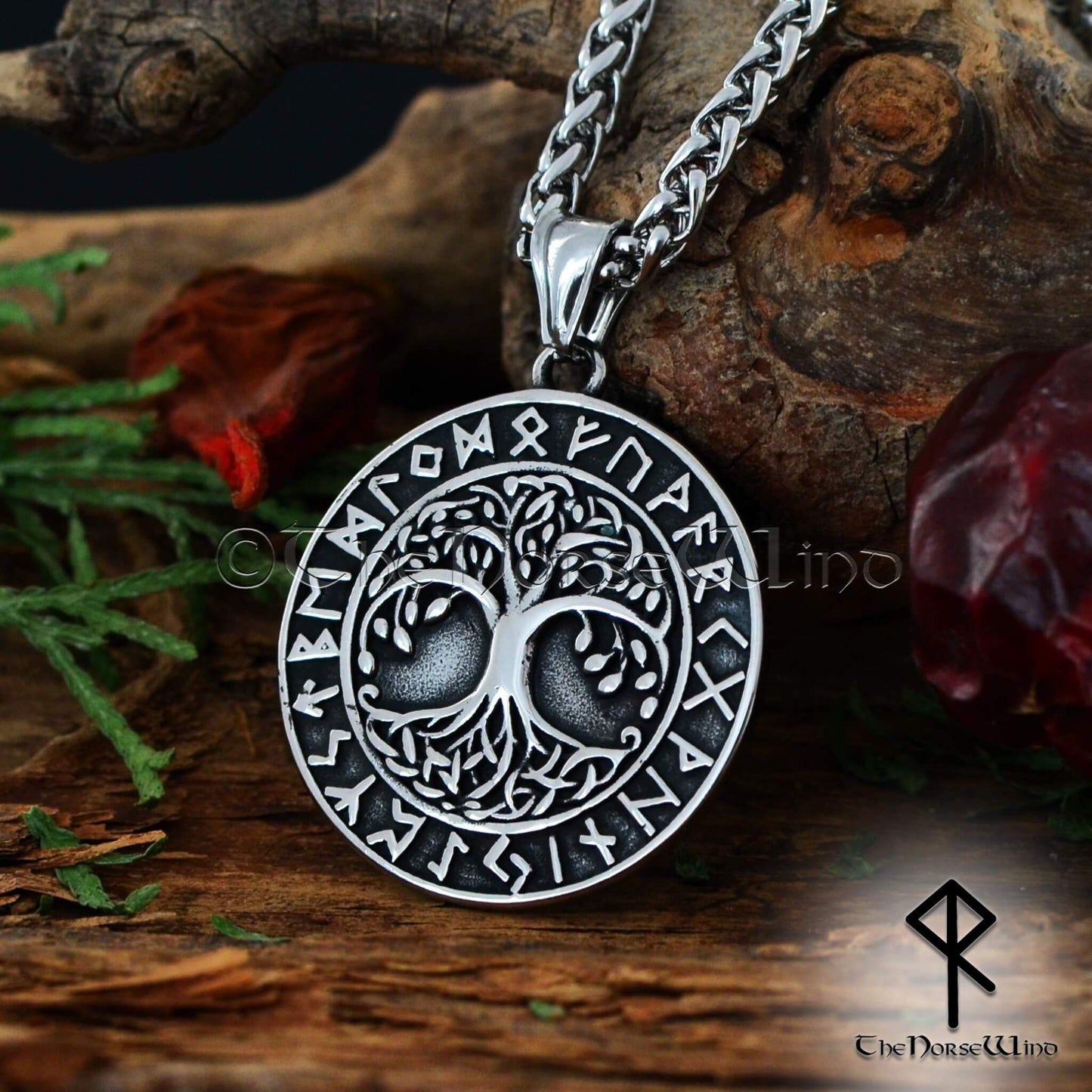 Yggdrasil Viking Necklace, Norse Runes Pendant, Stainless Steel