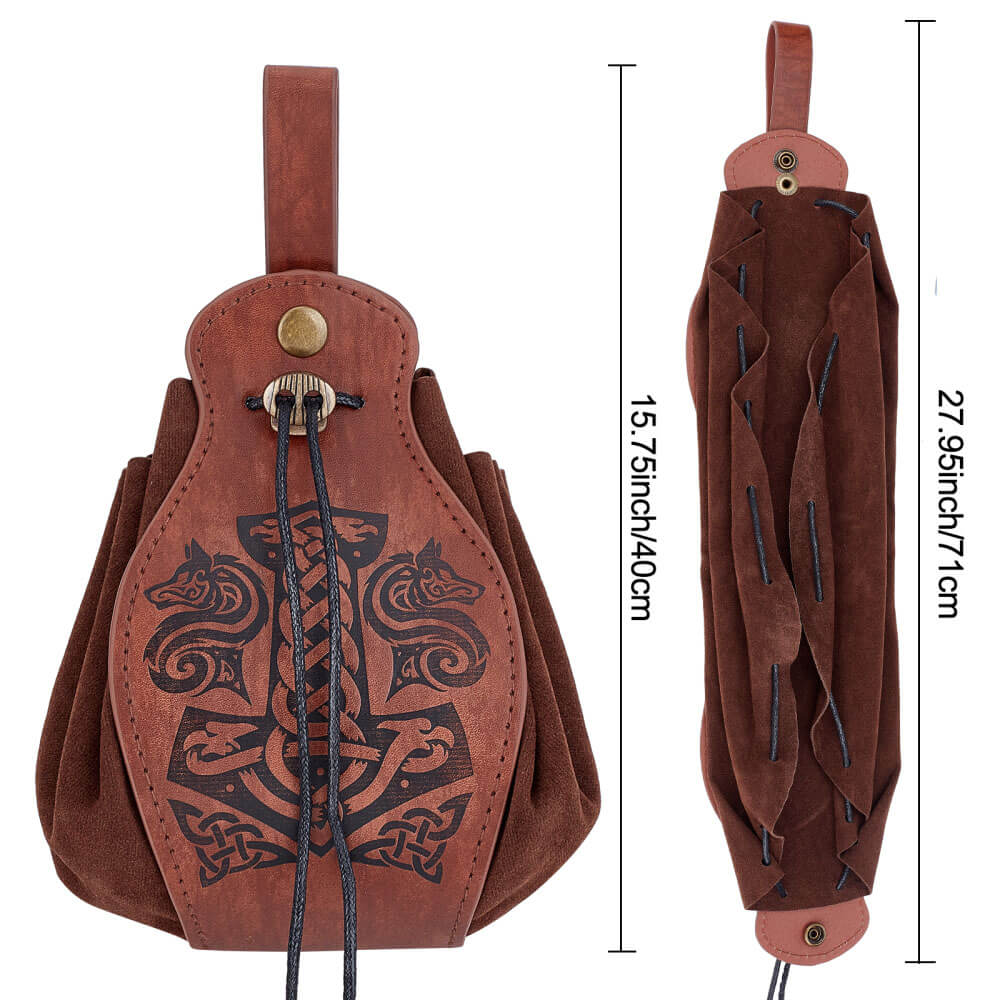 Fenrir Wolf & Mjolnir Viking Leather Belt Pouch Bag
