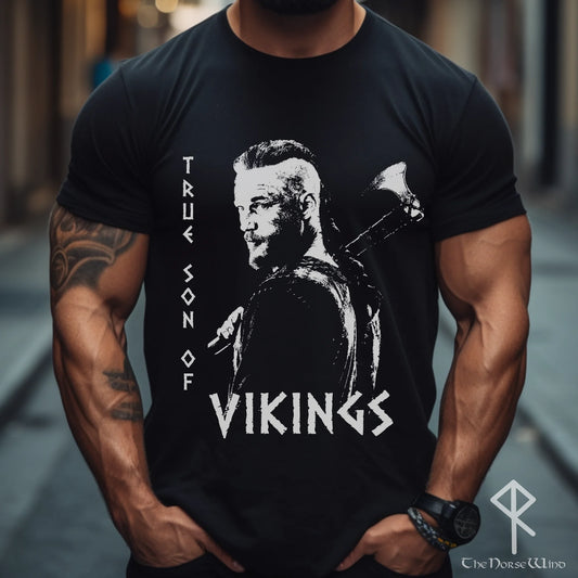 Wikinger-T-Shirt, True Son of Vikings Ragnar Lothbrok Axt-T-Shirt, schwarzes Biker-T-Shirt