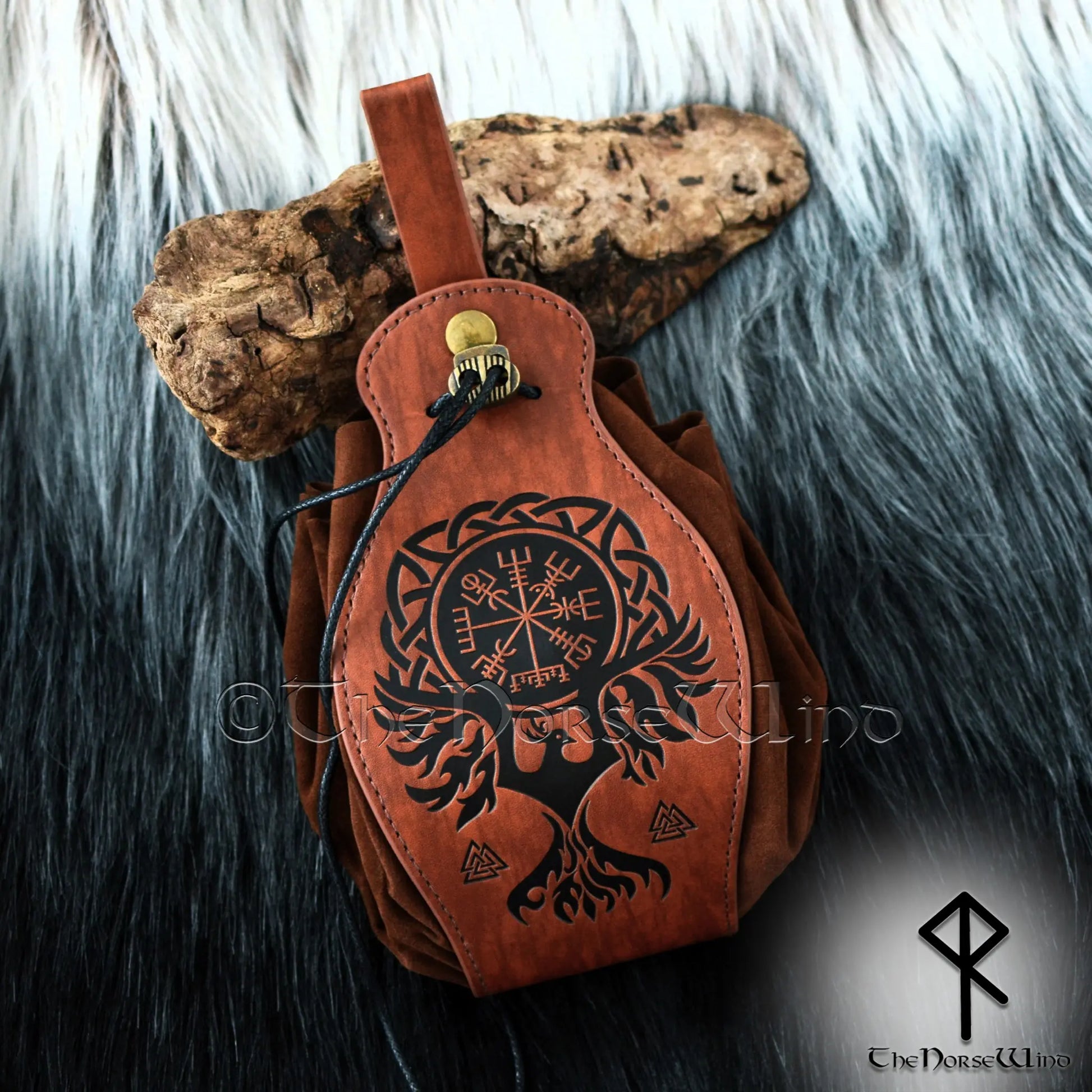 Viking Leather Belt Pouch, Vegvisir & Raven Medieval Bag