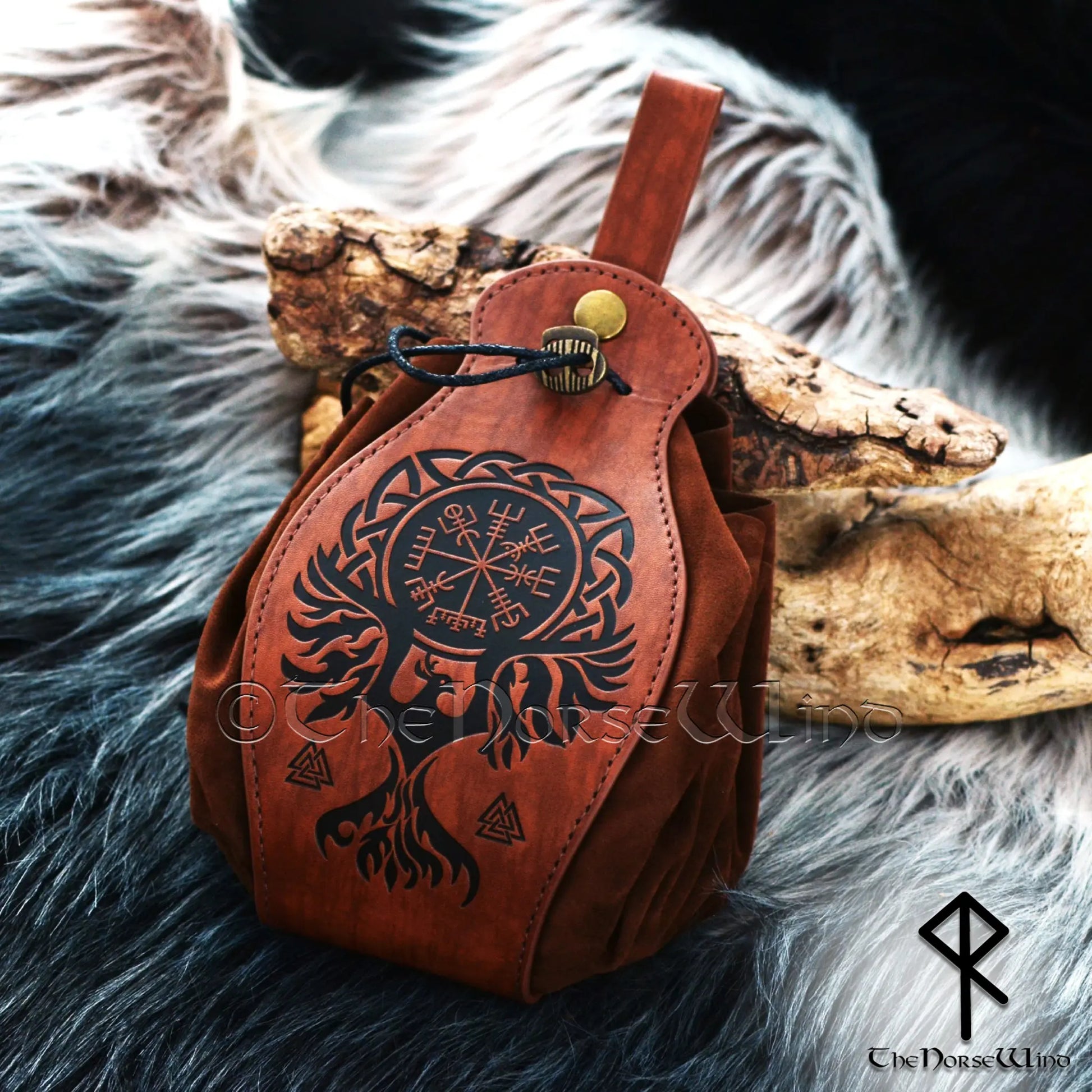 Viking Leather Belt Pouch, Vegvisir Raven Medieval Bag The