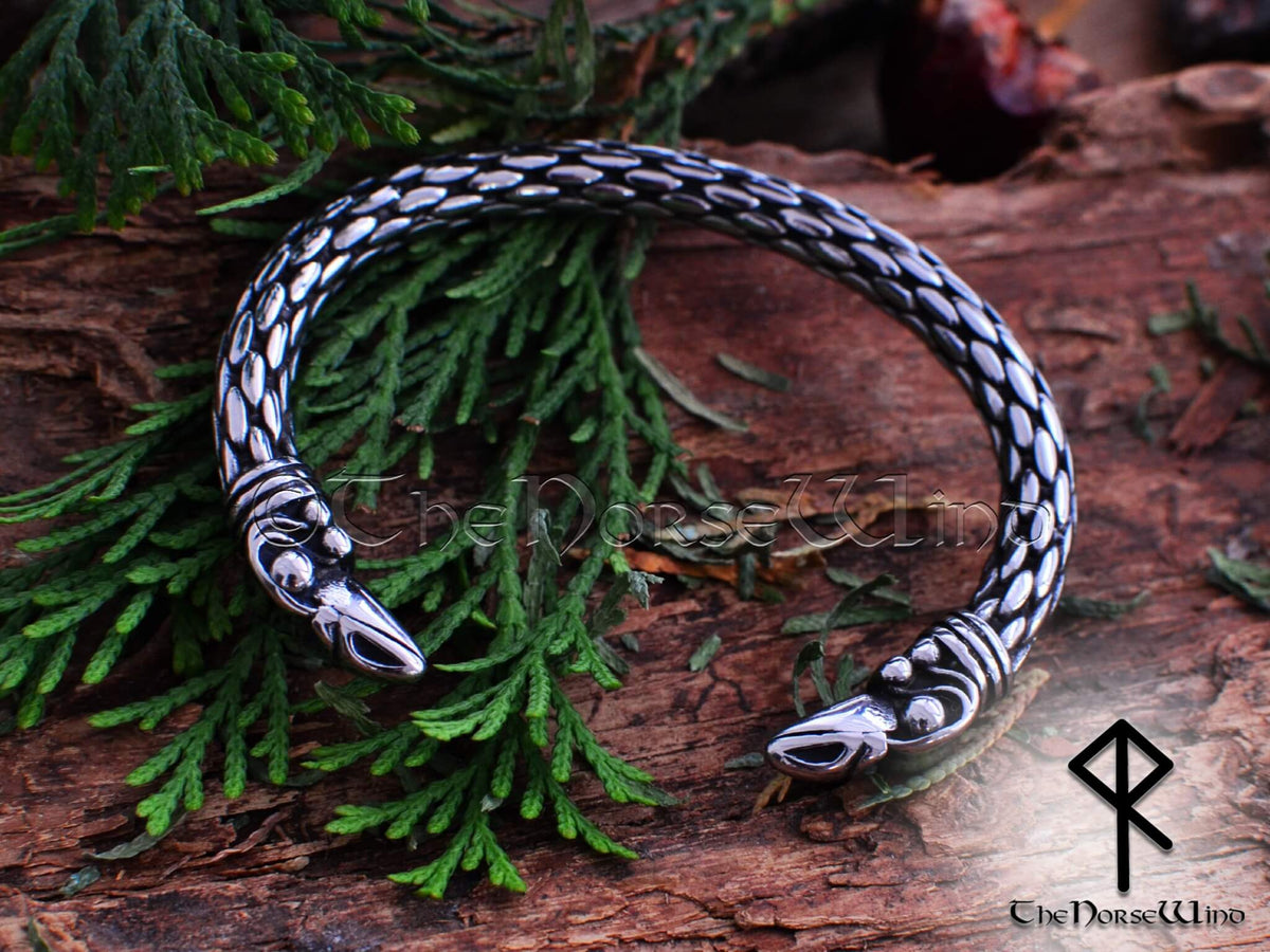 Handmade Silver Viking Raven Torc Bracelet - Norse Medieval Bangle For 5.5-7.5" Wrists