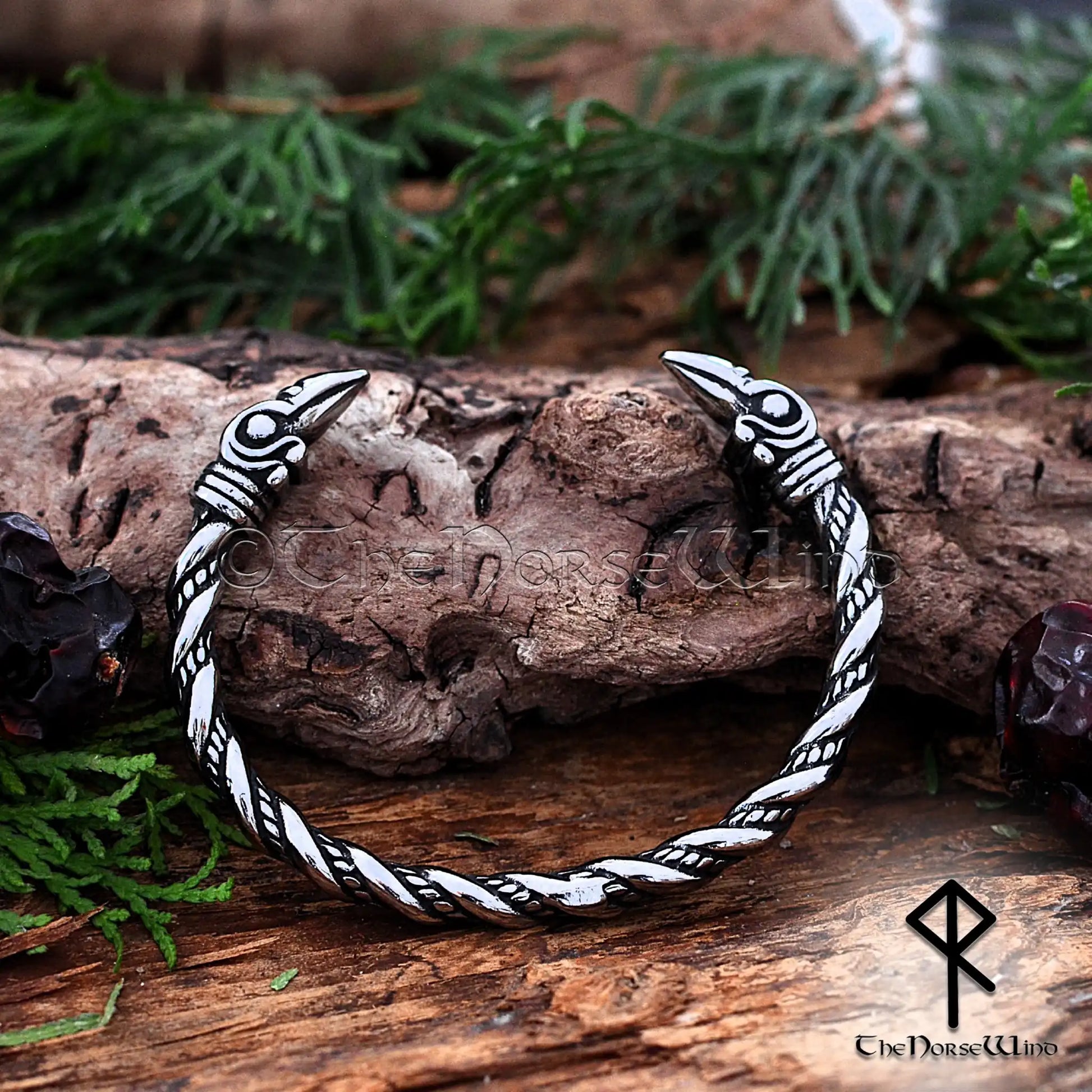 Viking Raven Bracelet, Hugin & Munin Silver Arm Ring in Stainless Steel