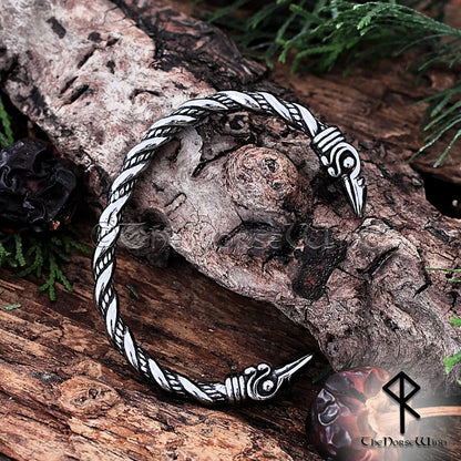 Viking Raven Bracelet, Hugin & Munin Silver Arm Ring in Stainless Steel