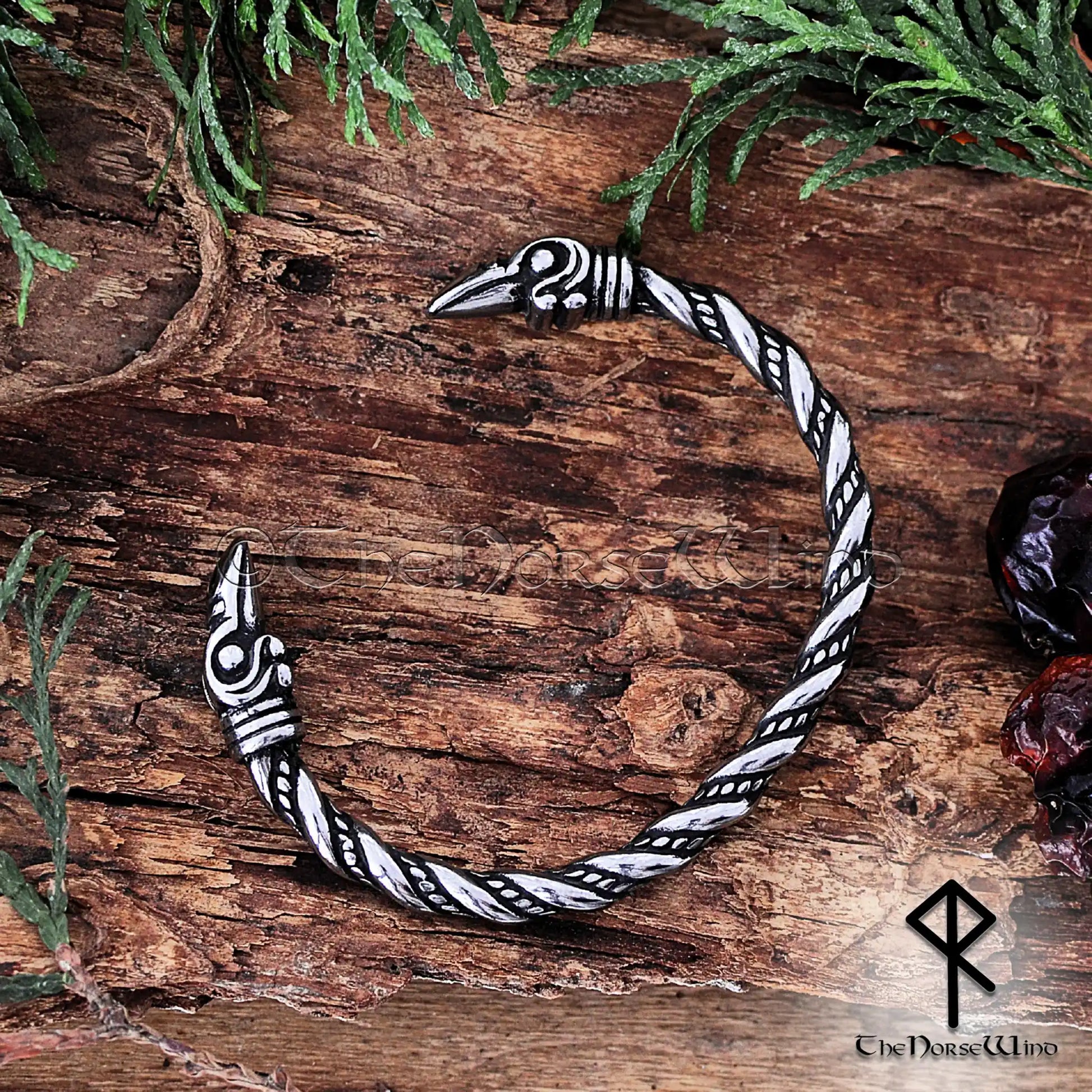 Viking Raven Bracelet, Hugin & Munin Silver Arm Ring in Stainless Steel